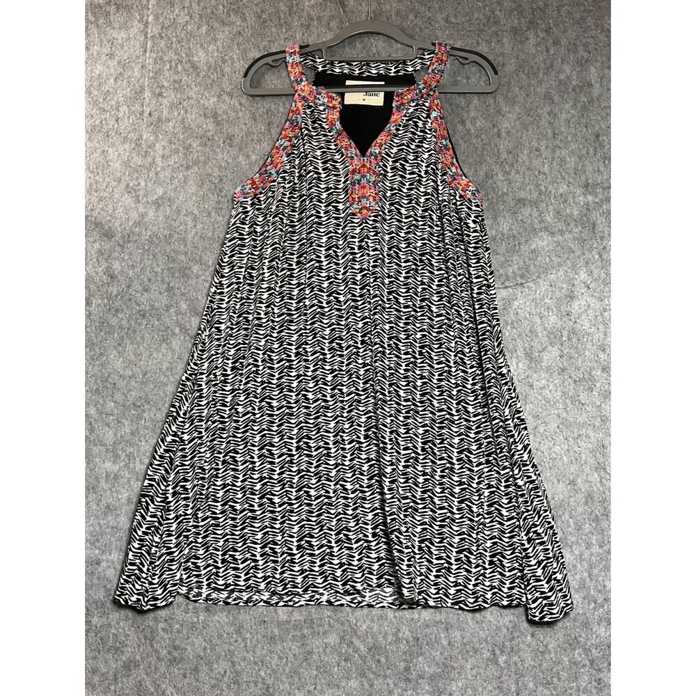 Savanna Jane Dress Womens Medium Black Animal Print Embroidered Halter Boho